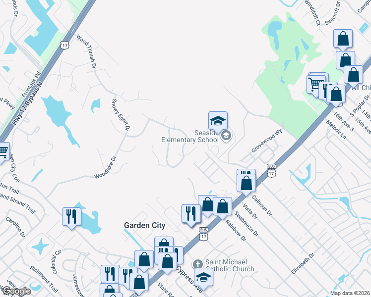 map of restaurants, bars, coffee shops, grocery stores, and more near 631 Bluebird Lane in Murrells Inlet