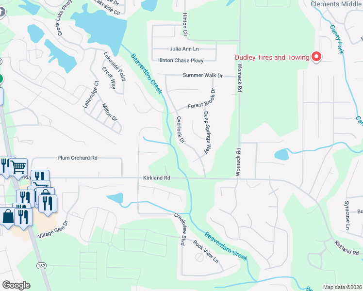 map of restaurants, bars, coffee shops, grocery stores, and more near 115 Overlook Drive in Covington