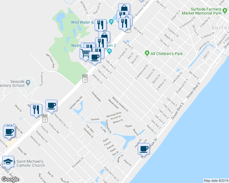 map of restaurants, bars, coffee shops, grocery stores, and more near 618 Melody Lane in Surfside Beach