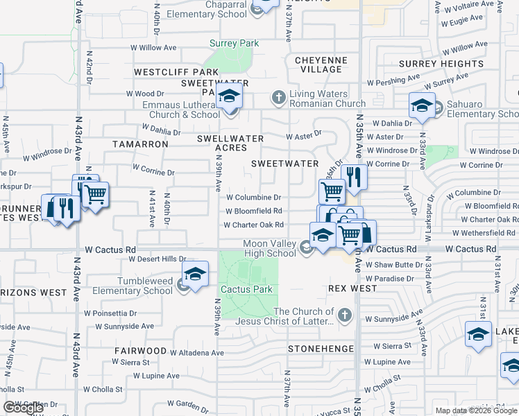 map of restaurants, bars, coffee shops, grocery stores, and more near 3740 West Bloomfield Road in Phoenix