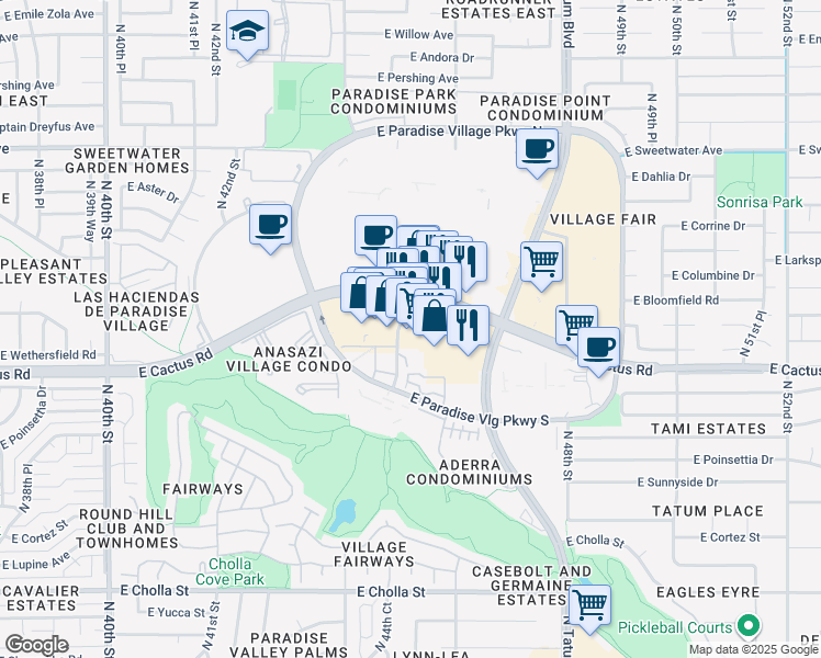 map of restaurants, bars, coffee shops, grocery stores, and more near 4613 East Cactus Road in Phoenix