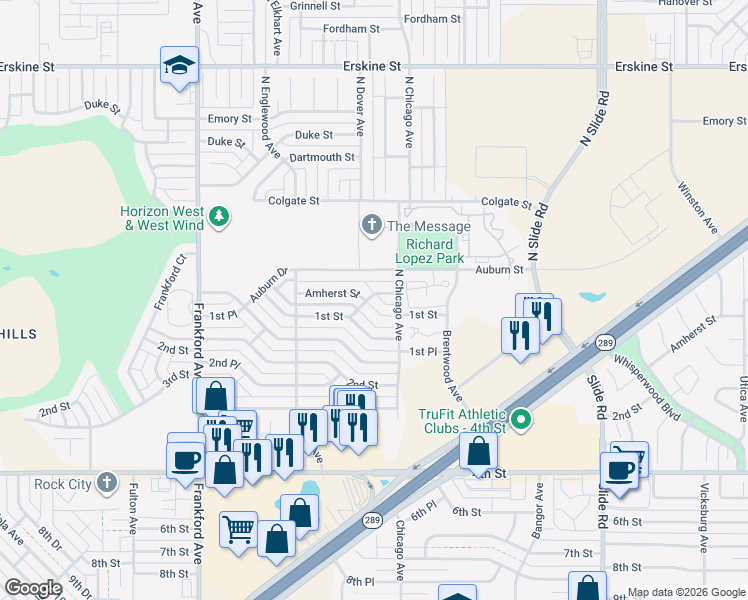 map of restaurants, bars, coffee shops, grocery stores, and more near 5512 Amherst Street in Lubbock
