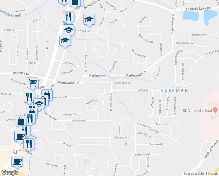 map of restaurants, bars, coffee shops, grocery stores, and more near 612 Rollingwood Road in Birmingham