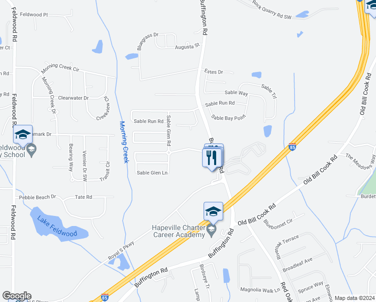 map of restaurants, bars, coffee shops, grocery stores, and more near 3382 Sable Chase Lane in Atlanta