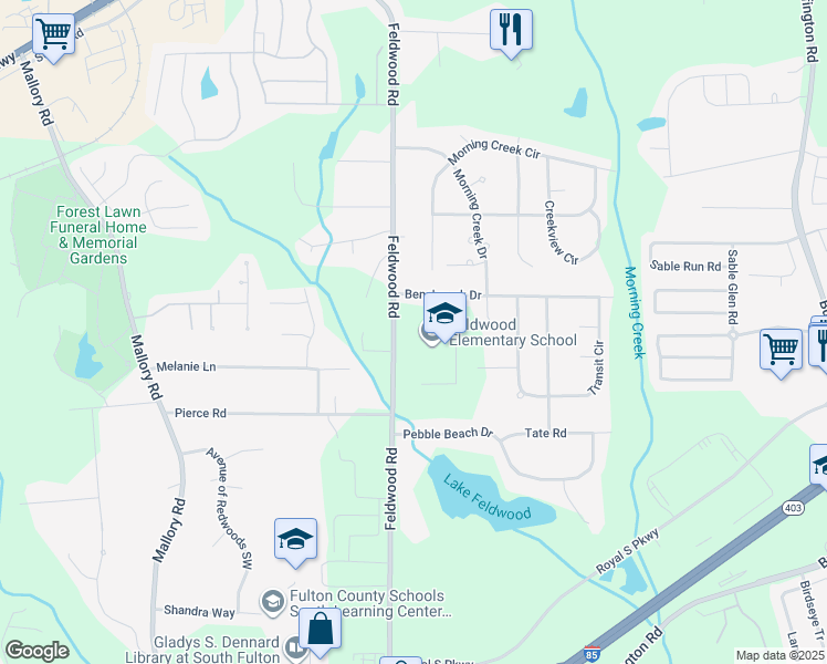 map of restaurants, bars, coffee shops, grocery stores, and more near 5790 Feldwood Road in College Park