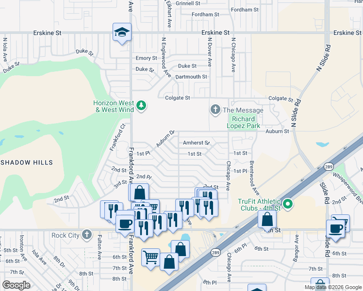 map of restaurants, bars, coffee shops, grocery stores, and more near 5625 Amherst Street in Lubbock