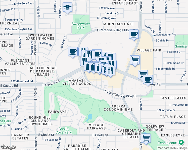 map of restaurants, bars, coffee shops, grocery stores, and more near 4555 East Cactus Road in Phoenix