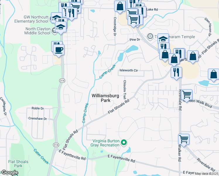 map of restaurants, bars, coffee shops, grocery stores, and more near 5668 Williamsburg Trce in Atlanta