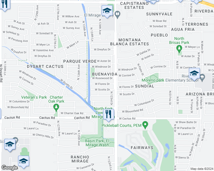 map of restaurants, bars, coffee shops, grocery stores, and more near 12325 West Flores Drive in El Mirage