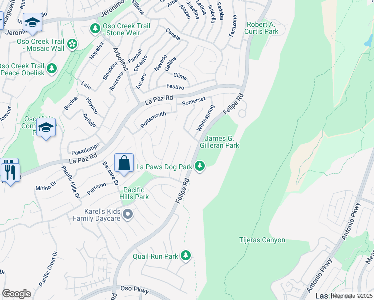 map of restaurants, bars, coffee shops, grocery stores, and more near 25212 Misty Ridge in Mission Viejo