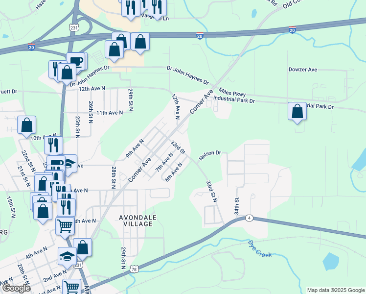 map of restaurants, bars, coffee shops, grocery stores, and more near 3302 7th Avenue North in Pell City