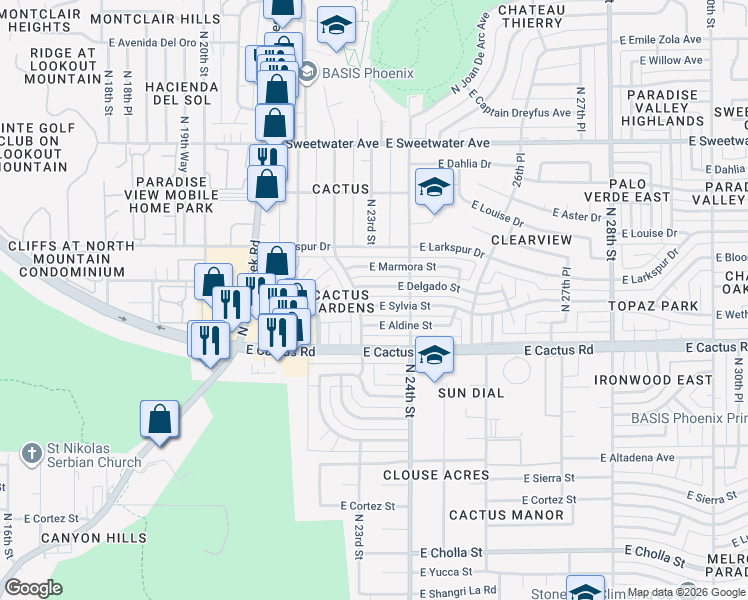 map of restaurants, bars, coffee shops, grocery stores, and more near 2314 East Sylvia Street in Phoenix