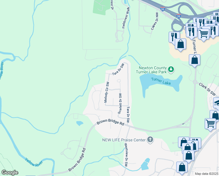 map of restaurants, bars, coffee shops, grocery stores, and more near 9279 Melody Circle Southwest in Covington