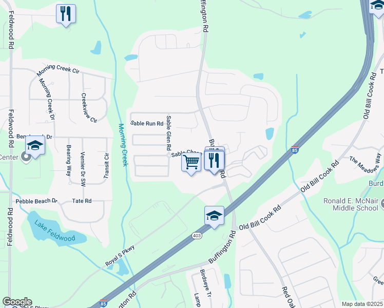 map of restaurants, bars, coffee shops, grocery stores, and more near 3382 Sable Chase Lane in Atlanta