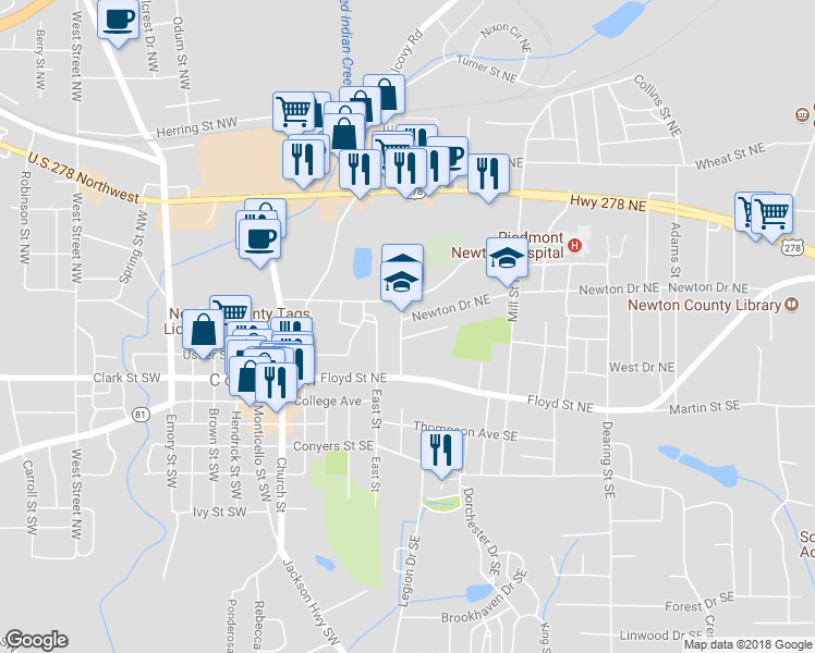 map of restaurants, bars, coffee shops, grocery stores, and more near 2160 Anderson Avenue Northeast in Covington