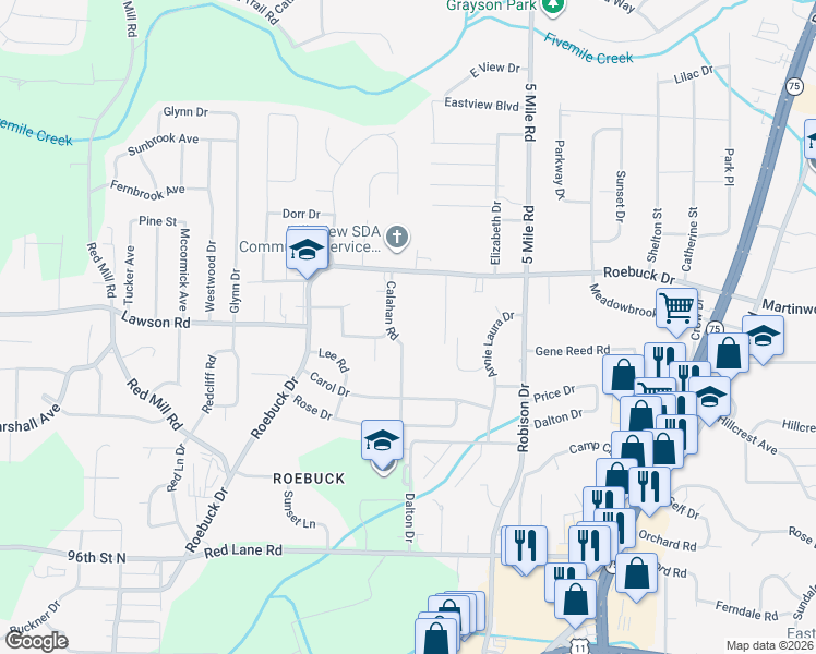 map of restaurants, bars, coffee shops, grocery stores, and more near 645 Calahan Road in Birmingham