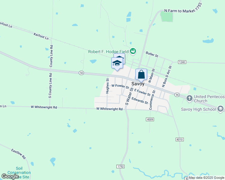 map of restaurants, bars, coffee shops, grocery stores, and more near 404 De Berry Street in Savoy