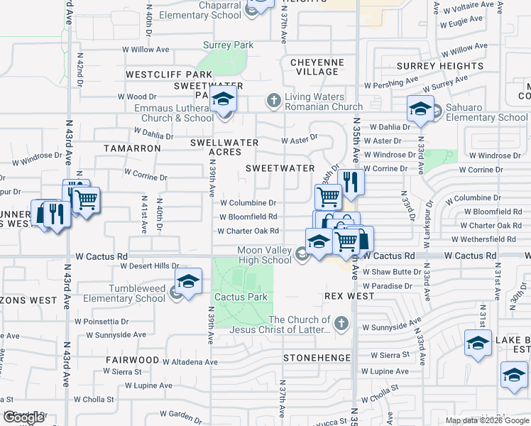 map of restaurants, bars, coffee shops, grocery stores, and more near 3740 West Bloomfield Road in Phoenix