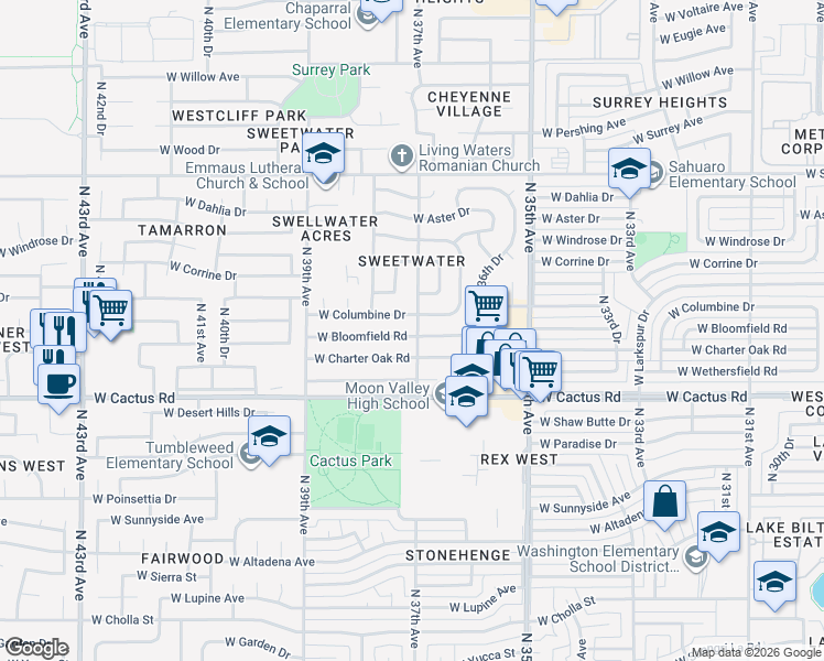 map of restaurants, bars, coffee shops, grocery stores, and more near 3702 West Bloomfield Road in Phoenix
