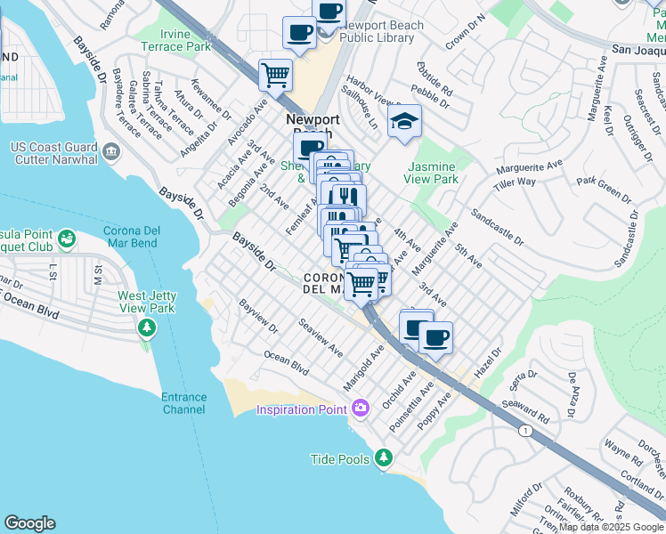 map of restaurants, bars, coffee shops, grocery stores, and more near 423 Iris Avenue in Newport Beach
