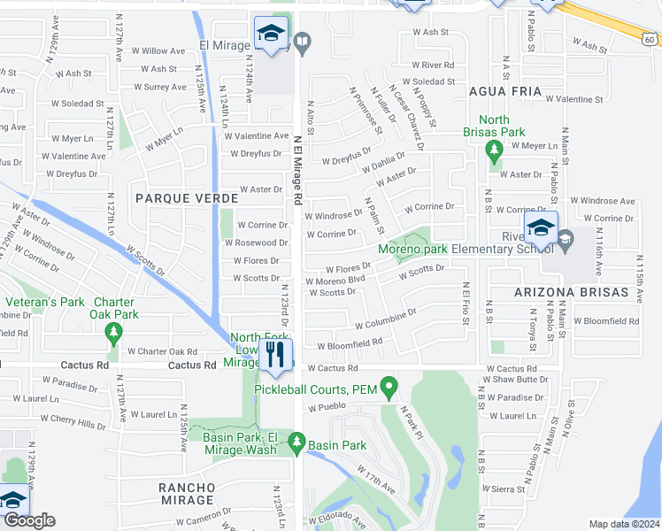 map of restaurants, bars, coffee shops, grocery stores, and more near 12214 West Flores Drive in El Mirage