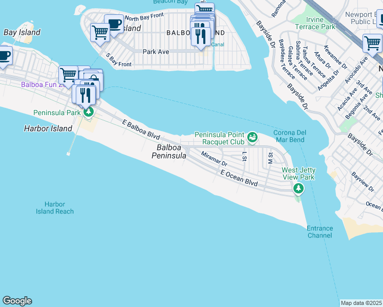 map of restaurants, bars, coffee shops, grocery stores, and more near 1504 East Ocean Boulevard in Newport Beach