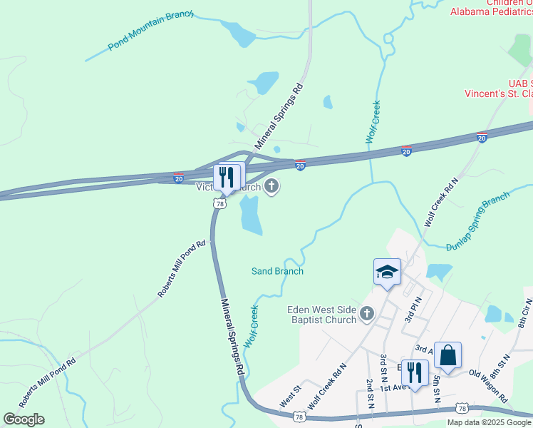map of restaurants, bars, coffee shops, grocery stores, and more near Victory Lane in Pell City