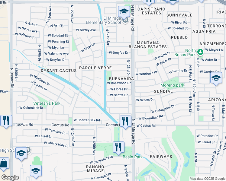 map of restaurants, bars, coffee shops, grocery stores, and more near 12417 West Flores Drive in El Mirage