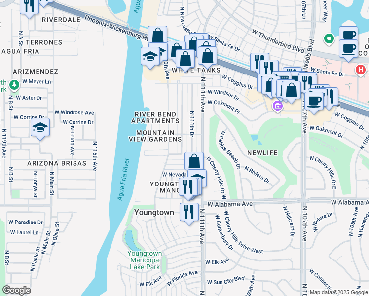 map of restaurants, bars, coffee shops, grocery stores, and more near 12601 North 112th Avenue in Youngtown
