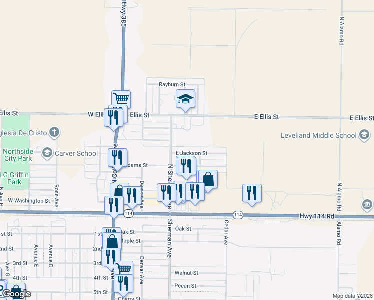 map of restaurants, bars, coffee shops, grocery stores, and more near 409 E Jackson St in Levelland