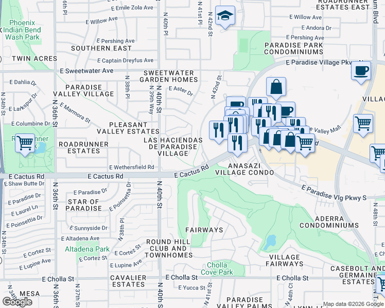 map of restaurants, bars, coffee shops, grocery stores, and more near 12401 North 41st Place in Phoenix