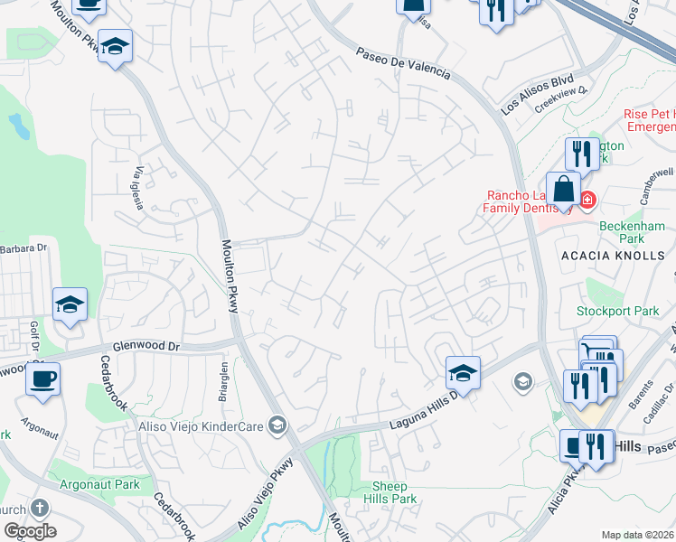 map of restaurants, bars, coffee shops, grocery stores, and more near 921 Avenida Majorca in Laguna Woods