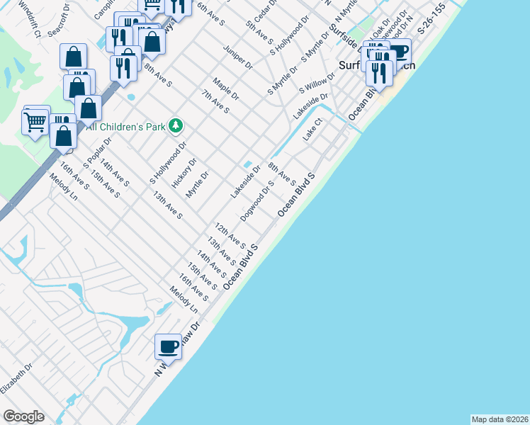 map of restaurants, bars, coffee shops, grocery stores, and more near 916A Ocean Boulevard South in Surfside Beach
