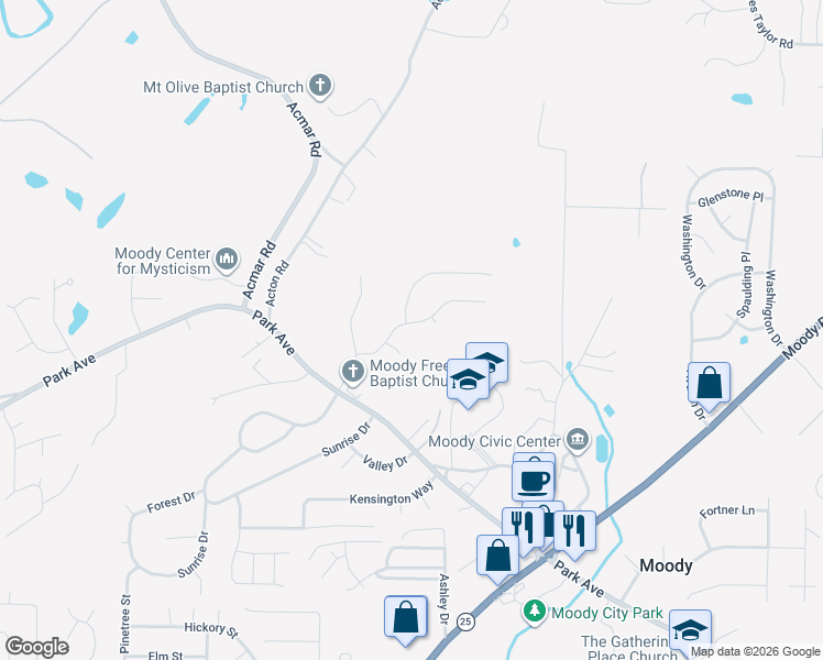 map of restaurants, bars, coffee shops, grocery stores, and more near 2048 Shamrock Lane in Moody