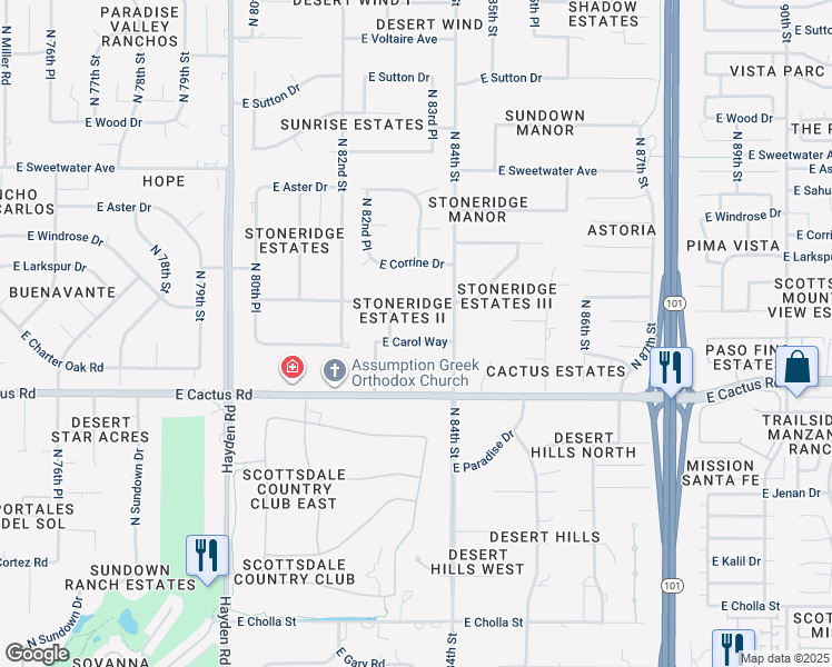 map of restaurants, bars, coffee shops, grocery stores, and more near 8314 East Carol Way in Scottsdale