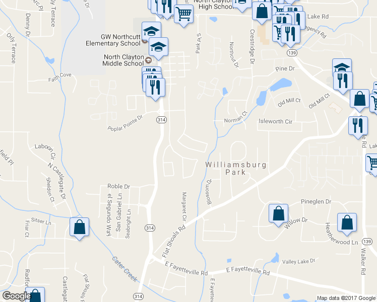map of restaurants, bars, coffee shops, grocery stores, and more near 5761 Savannah River Road in Atlanta