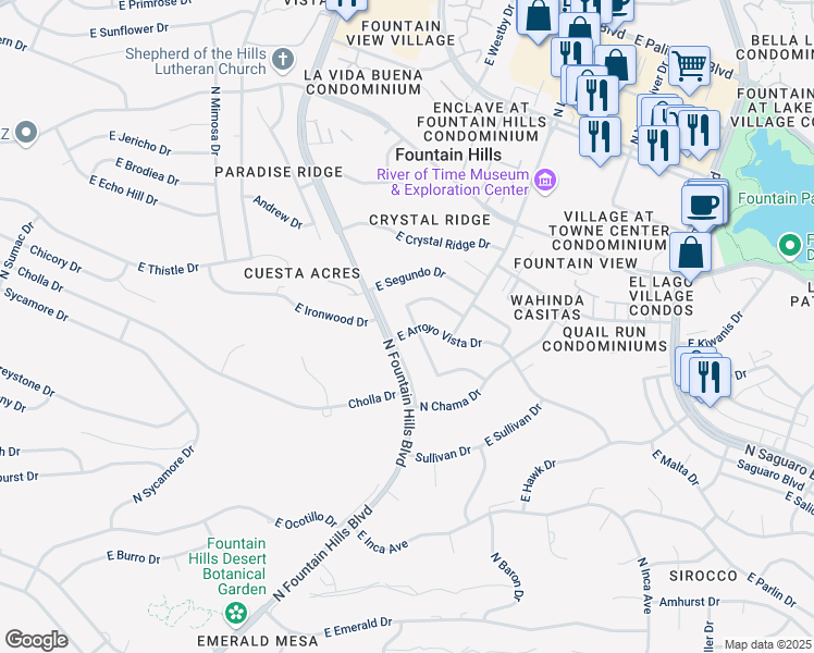 map of restaurants, bars, coffee shops, grocery stores, and more near 16368 East Arroyo Vista Drive in Fountain Hills