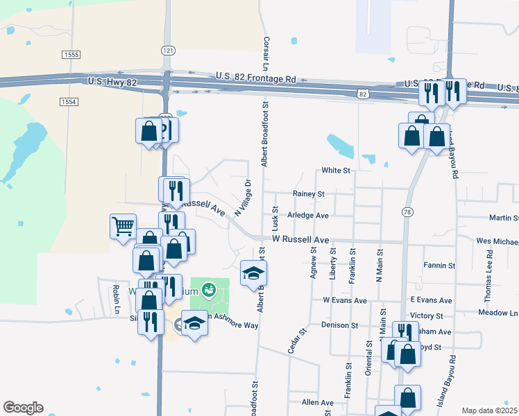 map of restaurants, bars, coffee shops, grocery stores, and more near 2109 Albert Broadfoot Street in Bonham
