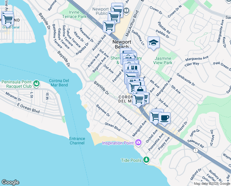 map of restaurants, bars, coffee shops, grocery stores, and more near 406 Goldenrod Avenue in Newport Beach