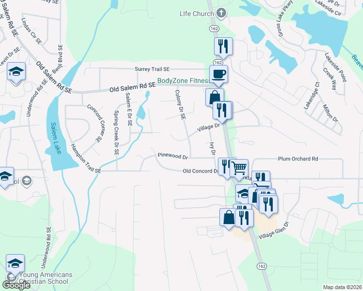 map of restaurants, bars, coffee shops, grocery stores, and more near 2305 Village Drive in Covington