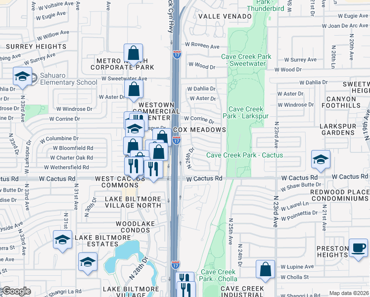 map of restaurants, bars, coffee shops, grocery stores, and more near 12402 North 26th Drive in Phoenix