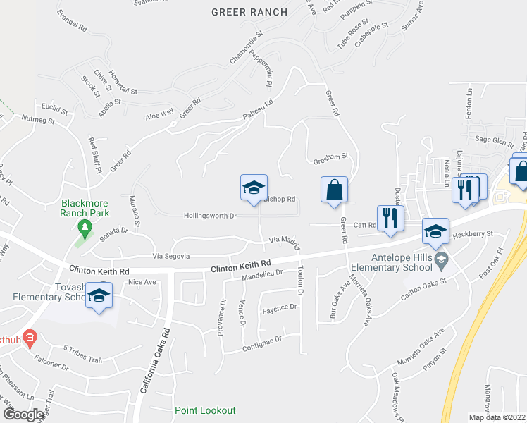 map of restaurants, bars, coffee shops, grocery stores, and more near 23910 Hollingsworth Drive in Murrieta