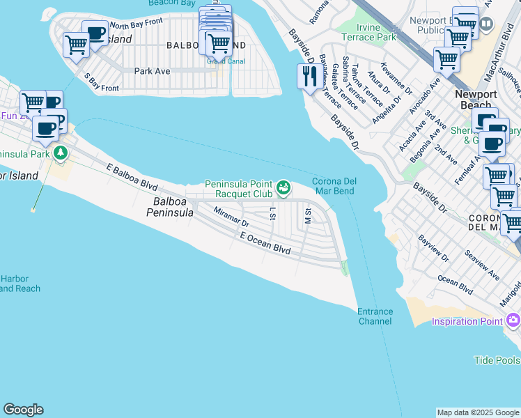 map of restaurants, bars, coffee shops, grocery stores, and more near 1730 Plaza Del Norte in Newport Beach