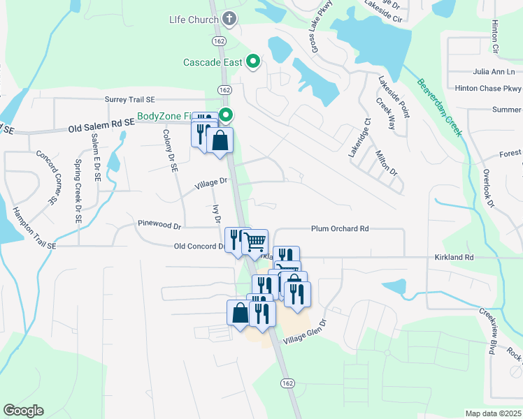 map of restaurants, bars, coffee shops, grocery stores, and more near 3400 Salem Road in Covington