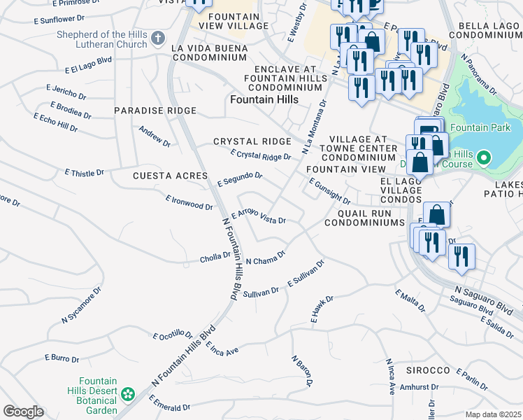 map of restaurants, bars, coffee shops, grocery stores, and more near 16428 East Arroyo Vista Drive in Fountain Hills