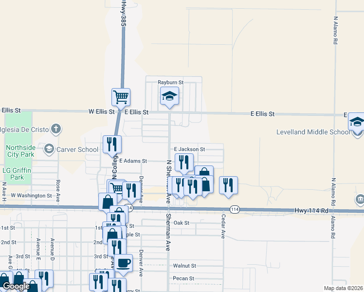 map of restaurants, bars, coffee shops, grocery stores, and more near 409 East Jackson Street in Levelland