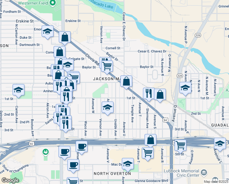 map of restaurants, bars, coffee shops, grocery stores, and more near 107 North Uvalde Avenue in Lubbock