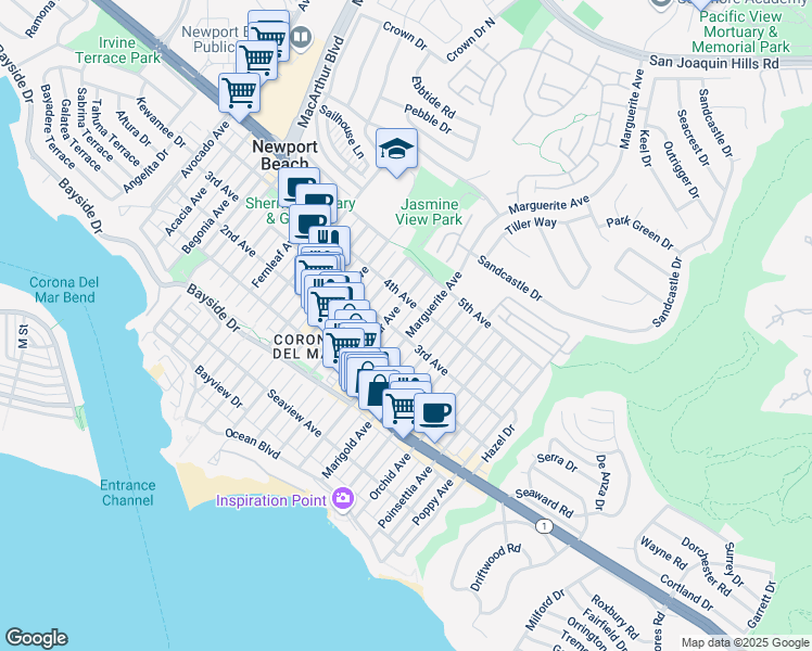 map of restaurants, bars, coffee shops, grocery stores, and more near 607 Marguerite Avenue in Newport Beach