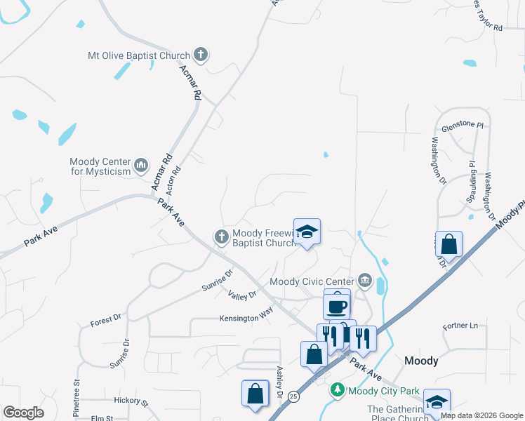 map of restaurants, bars, coffee shops, grocery stores, and more near 2048 Shamrock Lane in Moody