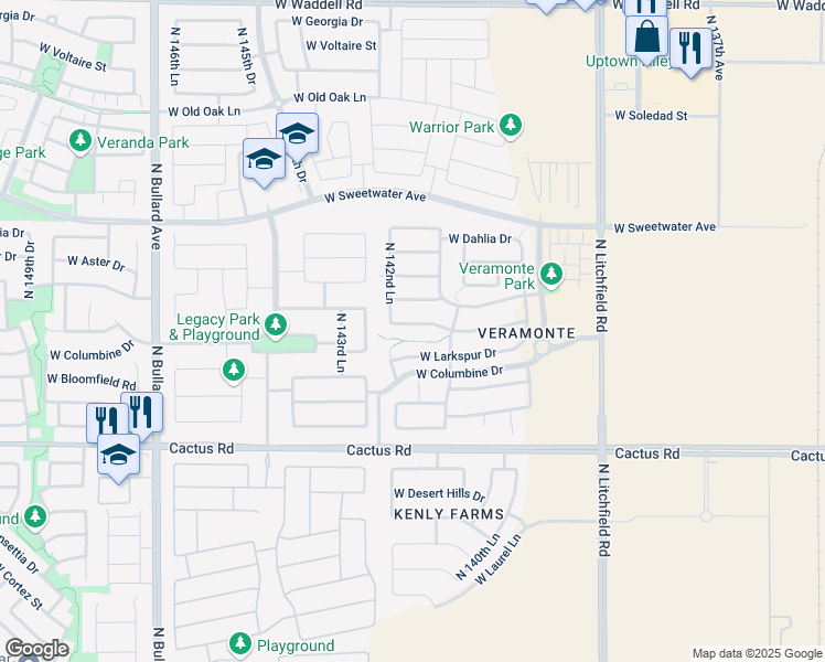 map of restaurants, bars, coffee shops, grocery stores, and more near 14231 West Rosewood Drive in Surprise